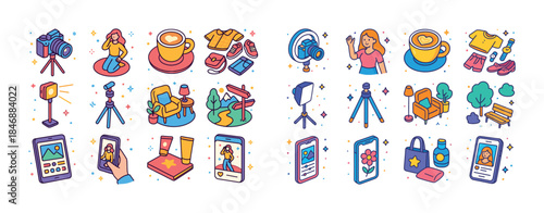 Colorful vector icons: photography, fashion, coffee, technology,