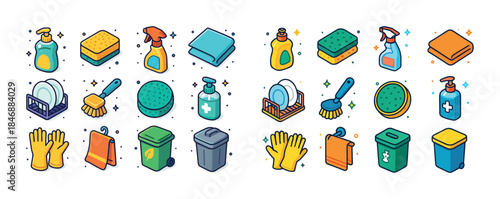 Colorful cleaning icons featuring supplies like sponges, brushes