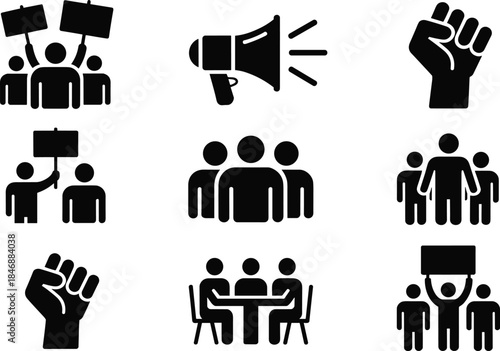 Protest and activism icons set black silhouettes crowd demonstration megaphone raised fist social movement symbols isolated