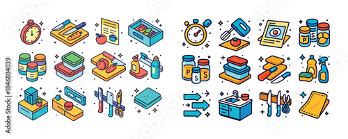 Colorful kitchen icon set: cooking, baking, cleaning essentials