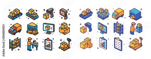 Warehouse logistics icons: storage, barcode scanning, inventory