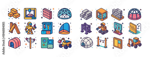 Collection of isometric construction and robotics icons with geo