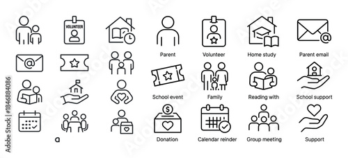 Icons representing family, education, and community engagement t