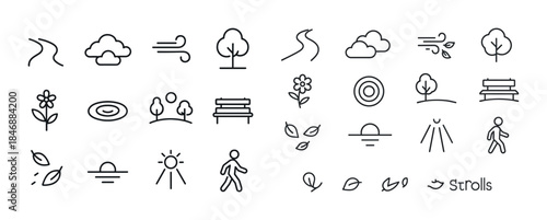 Minimalist nature icons set: trees, clouds, flowers, walkway, su