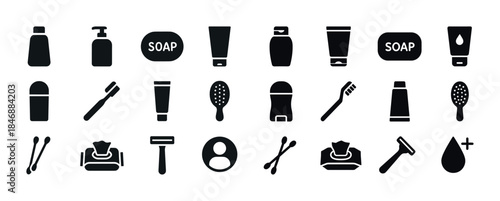 Black hygiene and personal care icons collection with toothbrush