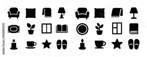 Collection of household icons: furniture, decor, plants, books,