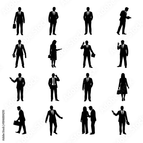 Silhouettes of Business People in Various Poses and Actions.