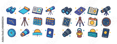 Astronomy icons set: telescopes, binoculars, calendars, star map
