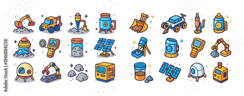 Colorful space exploration icons featuring vehicles and equipmen
