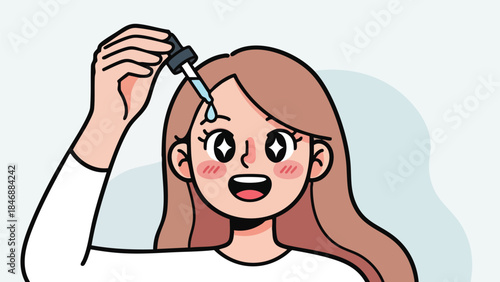 Whimsical cartoon girl applying facial serum with a dropper for skincare and beauty routines