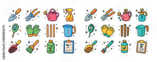 Colorful gardening tools and equipment set with measurement and