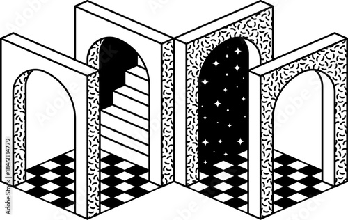Psychedelic trippy retro Y2K arch entrance. Trippy portal, psychedelic surreal Y2K vector shape. Geometric graphic arch or retro funky element with stars and checkered pattern