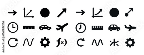 Set of simple icons: arrows, graphs, transport, and tools