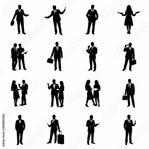 Silhouettes of Business People in Various Poses and Interactions.