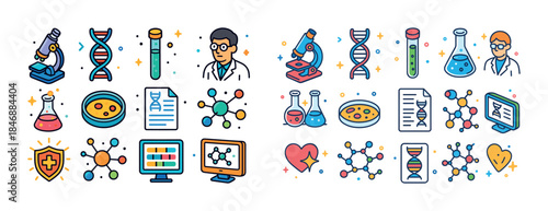 Science and laboratory icons: microscope, dna, beaker, scientist