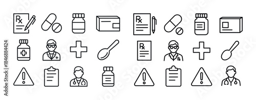 Collection of medical icons: prescriptions, pills, doctors, aler