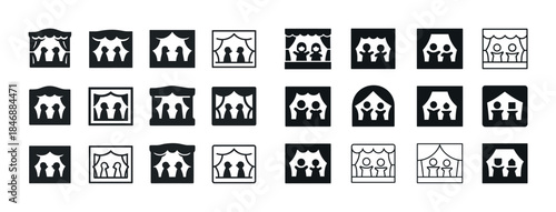 Theater curtain icons collection: stage performance and audience