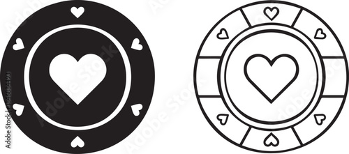 Isolated Black and Outline Poker Chip Vector Icons with Heart Symbols