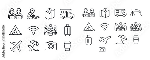 Camping and travel icons set: outdoor, map, van, tent, airplane,