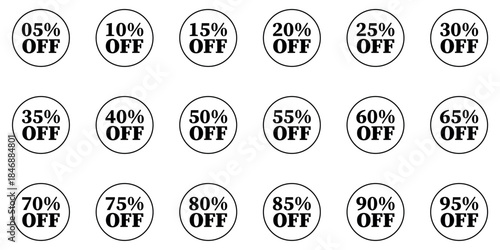 Collection of black and white circular discount badges for various percentage offers from five to ninetyfive percent off ideal for sales promotions and retail marketing campaigns