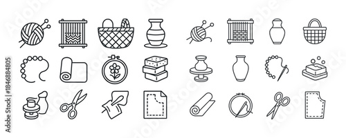 Craft icons collection: knitting, pottery, sewing, weaving, embr