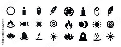 Minimalist spiritual symbols collection: candle, crystal, feathe