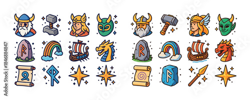Colorful viking symbols: characters, artifacts, and mythical ico