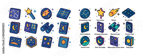 Colorful astronomy tools and icons for stargazing enthusiasts