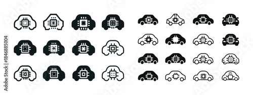 Car and microchip icons: autonomous vehicle technology symbols