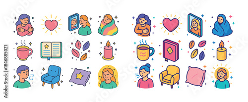 Colorful set of self-care and wellness icons with people and coz