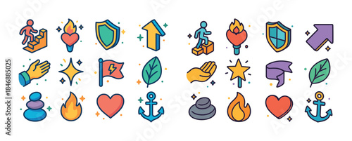 Colorful icon set with symbols of growth, protection, and nature