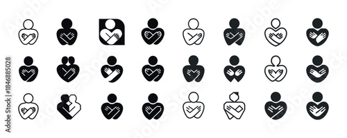 Diverse heart and hug icon set for embracing love and compassion