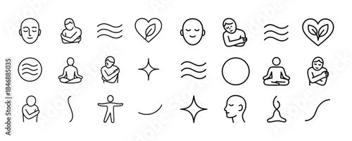 Simple line art icons of yoga, meditation, and relaxation symbol