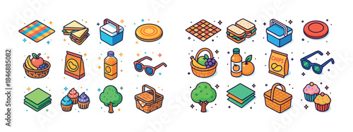 Colorful picnic icons featuring food, drinks, and accessories in