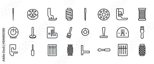 Sewing tools icon set: needle, bobbin, presser foot, spool, pinc