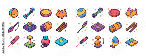 Colorful cartoon pet toys collection with balls and chew toys