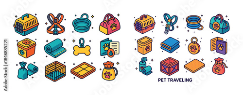Colorful pet travel essentials icons: bags, bowls, toys, cages,