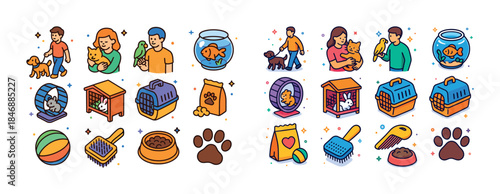 Pets and care: diverse animals, owners, accessories, and supplie