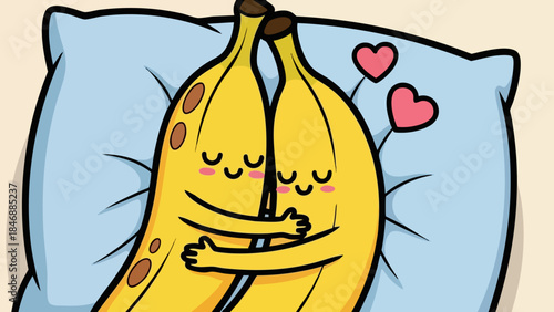 Adorable cartoon bananas hugging tightly while sleeping peacefully on a soft blue pillow