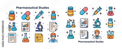 Pharmaceutical studies icons: science, medicine, research, healt