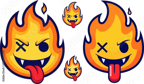 Set of stylized cartoon fire monster emojis with angry faces and long sticking out tongues