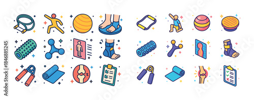 Colorful fitness and rehabilitation icons for healthy lifestyles