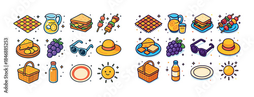 Colorful picnic icons set featuring food, drink, accessories