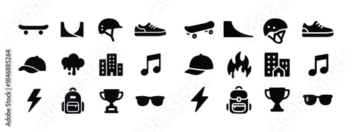 Skateboarding icons set with helmet, sneakers, ramps, and trophi