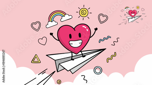 Happy cartoon heart character joyfully flying on a paper airplane through a whimsical sky