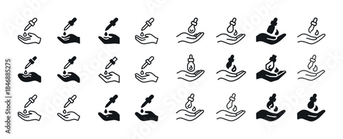 Oil dropper and hand icon set in various styles and designs