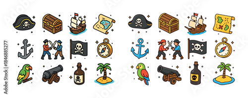Colorful pirate icon set with ships, treasure, maps, and charact