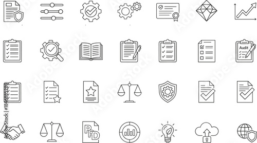 Business and legal icon set featuring documents, audits, strategy, security, and data analysis in clean black line style