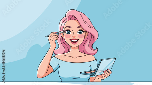 Animated young woman with pink hair applying eyeshadow with a brush and holding a makeup palette in a simple blue background setting a vibrant and