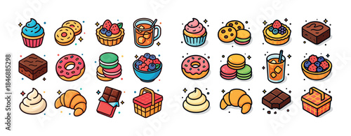 Colorful assortment of sweet pastries and treats with sparkles
